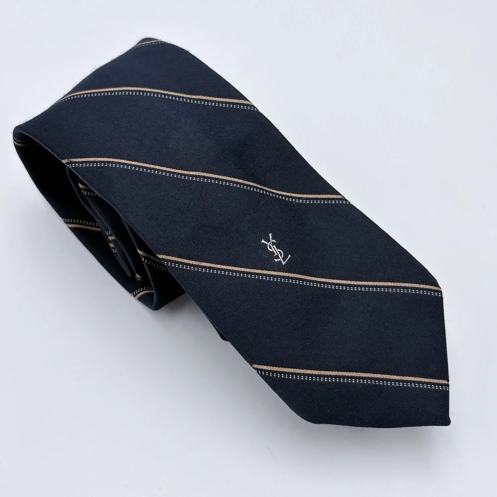 Yves Saint Laurent Tie Mens Black Tan Stripe YSL Logo 3